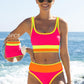 Trzyczęściowy sportowy komplet bikini z nylonu w blokach kolorystycznych – wysoki stan z efektem wyszczuplającym brzuch
