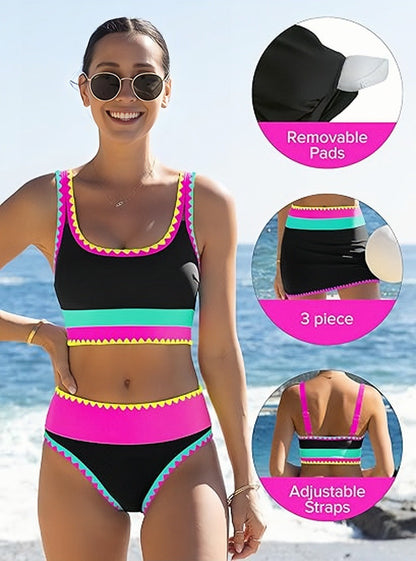 Trzyczęściowy sportowy komplet bikini z nylonu w blokach kolorystycznych – wysoki stan z efektem wyszczuplającym brzuch