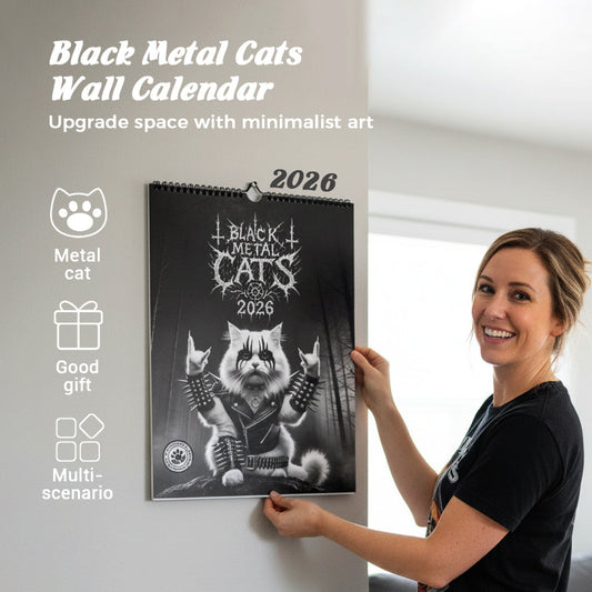 Kalendarz z metalowym kotem Black Cat na 2026 rok z podstawką