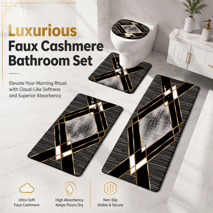 🛁 50% KEDVEZMÉNY! ✨ 4 részes műkasmír fürdőszoba szőnyegkészlet – rendkívül puha, plüss tapintású, overlock varrású, szálhullásmentes és csúszásgátló – téglalap alakú szőnyeg, U alakú WC-szőnyeg, WC-fedélhuzat és folyosószőnyeg 🧼