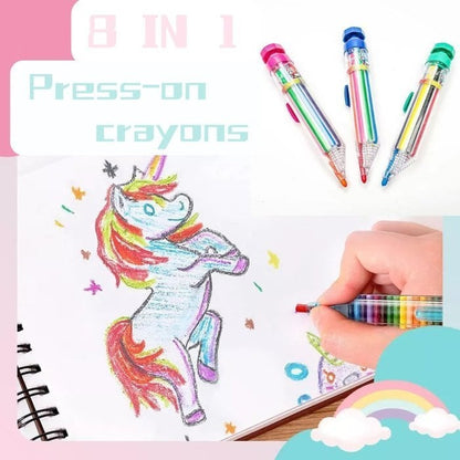 🖍️ MOST 50% KEDVEZMÉNY! 8 az 1-ben nyomógombos, többszínű zsírkréta – behúzható, kompakt, kreatív rajztoll, 8 élénk szín egyben, hordozható rajzeszköz gyerekeknek rajzoláshoz és firkáláshoz