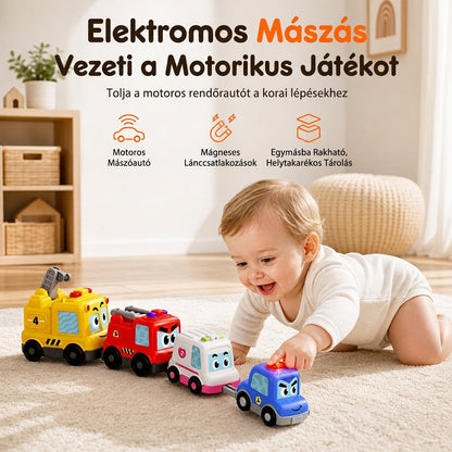 🚗 4 darabos mágneses elektromos játékautó-készlet – Hang és fény, rajzfilm stílus, egymásra rakható